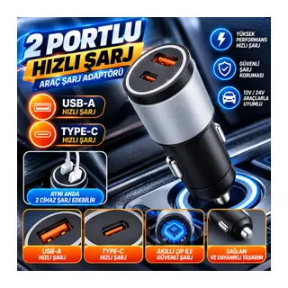 Araç İçi Çakmaklığa TakılanType-C ve USB Girişli 2 Portlu Hızlı Şarj Adaptörü