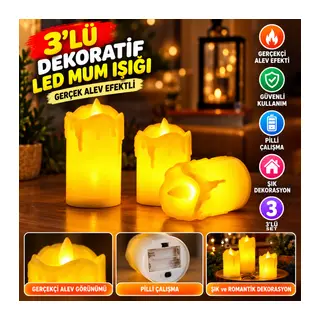3’lü Pilli Dekoratif LED Mum Işıkları – Gerçek Alev Efektli