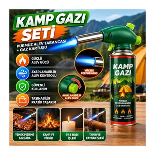Outdoor Kamp, Piknik ve Tamir İşleri İçin Kamp Gazı Seti – Taşınabilir Pürmüz Alev Tabancası ve Yüksek Performanslı Gaz Kartuşu