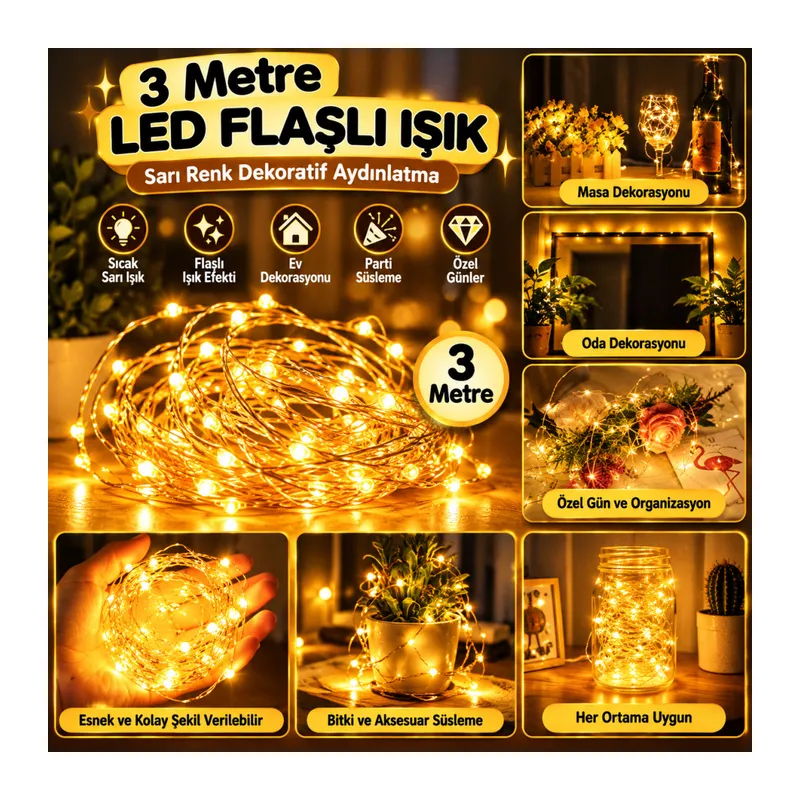 Sarı Peri LED Flaşlı Işık – 3 Metre Dekoratif Oda ve Organizasyon Aydınlatması