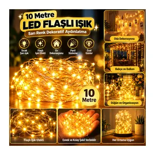 Sarı Peri LED Flaşlı Işık – 10 Metre Dekoratif Oda ve Organizasyon Aydınlatması