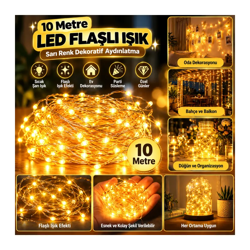 Sarı Peri LED Flaşlı Işık – 10 Metre Dekoratif Oda ve Organizasyon Aydınlatması