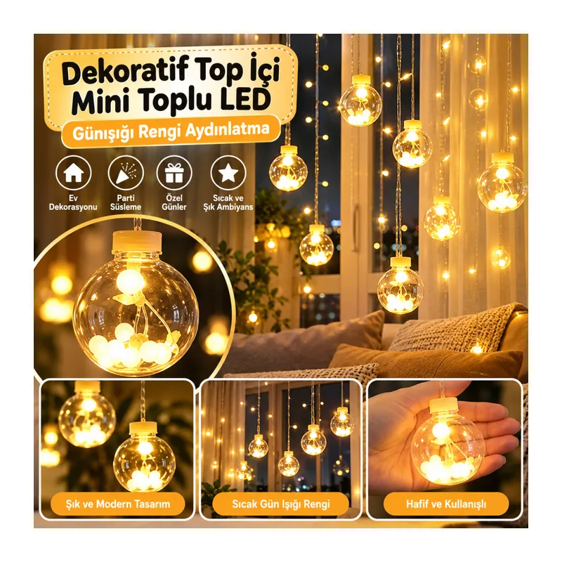 10 Sarkıtlı Kumandalı Dekoratif Top İçi Mini Toplu LED Günışığı Rengi Dekoratif Aydınlatma