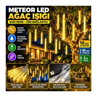 10'lu 45 cm Plastik Meteor LED USB 2M Kablo Sarı Renk Ağaç Işığı – Renk Değiştiren Asmalı Dekoratif Bahçe ve Dış Mekan Aydınlatması