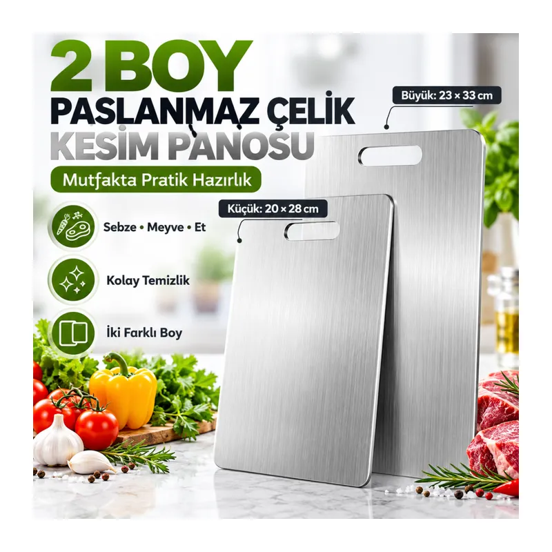 2 Boy Paslanmaz Çelik Leke Tutmaz,Kırılmaz,Antibakteriyel,Elde ve Bulaşık Makinesinde Yıkanabilen Meyve,Sebze,Et,Tavuk Kesim Panosu