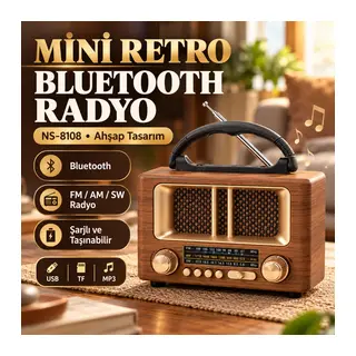 Küçük Mini Boy Retro Ahşap Tasarım Bluetooth Hoparlörlü Radyo – FM/AM Destekli, Şarjlı ve Taşınabilir Radyo NS-8108