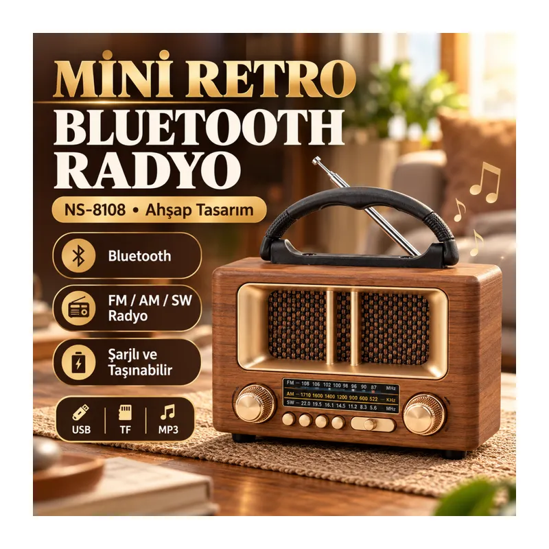 Küçük Mini Boy Retro Ahşap Tasarım Bluetooth Hoparlörlü Radyo – FM/AM Destekli, Şarjlı ve Taşınabilir Radyo NS-8108