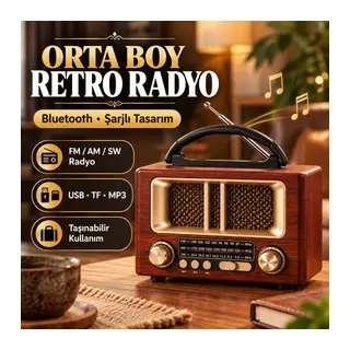 Orta Boy Retro Ahşap Tasarım Bluetooth Hoparlörlü Radyo – FM/AM Destekli, Şarjlı ve Taşınabiliri Radyo NS-6636