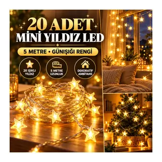 20 Adet Mini Yıldız Led 5 Metre Günışığı Rengi Dekoratif Led