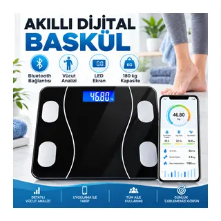 Dijital Baskül Yağ Ölçer Fonksiyonlu Akıllı Baskül Bluetooth Bağlantılı Tartı