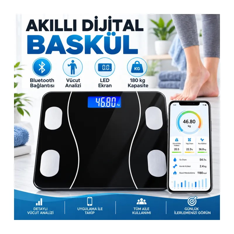 Dijital Baskül Yağ Ölçer Fonksiyonlu Akıllı Baskül Bluetooth Bağlantılı Tartı