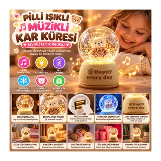 Pilli Işıklı Müzikli Kar Küresi–Sevimli Ayıcık Figürlü Eğlenceli Masaüstü Biblo, LED Aydınlatmalı Dekoratif Hediyelik Kar Küresi