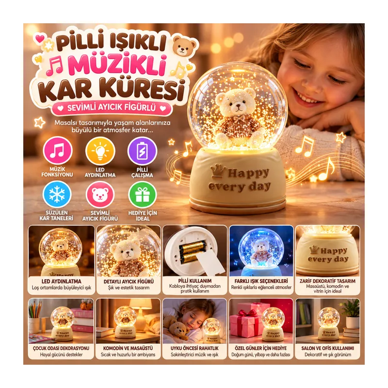 Pilli Işıklı Müzikli Kar Küresi–Sevimli Ayıcık Figürlü Eğlenceli Masaüstü Biblo, LED Aydınlatmalı Dekoratif Hediyelik Kar Küresi