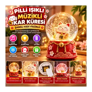 Pilli Işıklı Müzikli Kar Küresi–Şanslı Kedi Figürlü Eğlenceli Masaüstü Biblo, LED Aydınlatmalı Dekoratif Hediyelik Kar Küresi