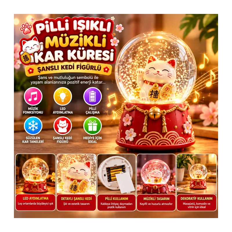 Pilli Işıklı Müzikli Kar Küresi–Şanslı Kedi Figürlü Eğlenceli Masaüstü Biblo, LED Aydınlatmalı Dekoratif Hediyelik Kar Küresi