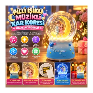 Pilli Işıklı Müzikli Kar Küresi–Hilal Ay Figürlü Romantik Masaüstü Biblo, LED Aydınlatmalı Dekoratif Hediyelik Kar Küresi