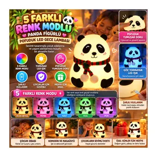 5 Farklı Renk Modlu Panda Figürlü Pofuduk LED Gece Lambası–Yumuşak Dokulu Çocuk Odası ve Dekoratif Şarjlı Ortam Işığı