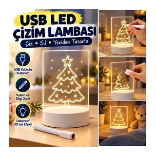 USB Kablolu Işıklı Kendiliğinden Beyaz Kalemli-Silgili Kreatif 3D Görselleştirme LED Lambası