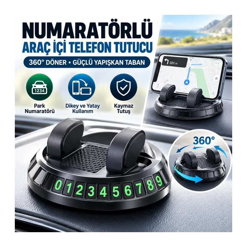 Numaratörlü Güçlü Yapışkanlı 360 Derece Dönebilen Su Geçirmez Araç İçi Telefon Tutucu Plastik Aparat