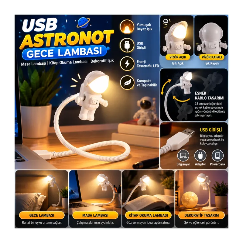USB Astronot Gece Lambası, Masa Lambası, Kitap Okuma Lambası Işığı