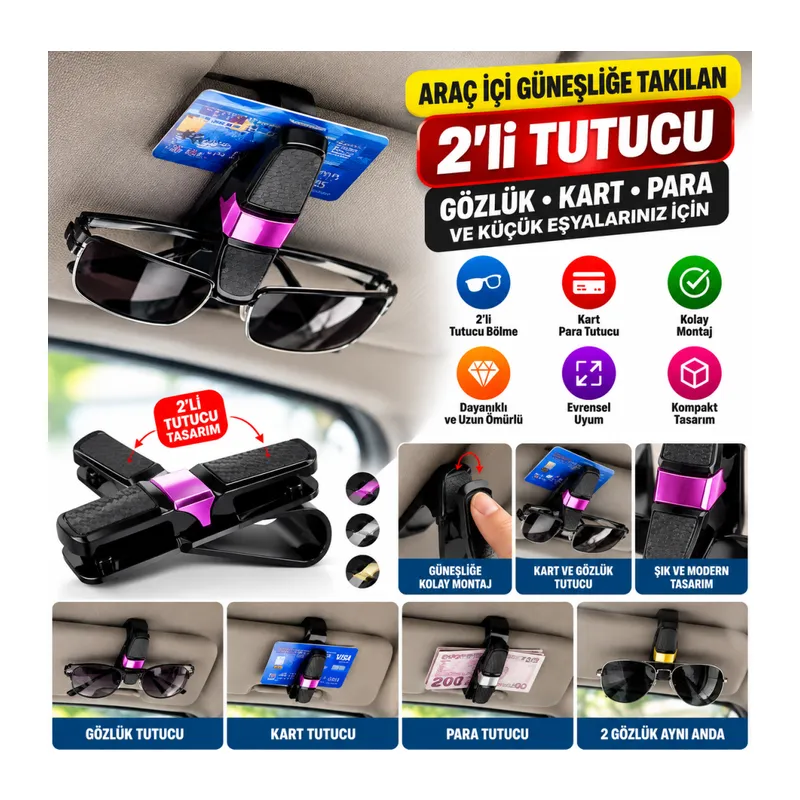 Araç İçi Güneşliğe Takılan 2'li Gözlük,Kart,Para Takmalık Aparat