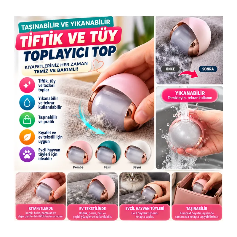 Taşınabilir ve Yıkanabilir Tiftik Ve Tüy Toplayıcı Kıl Toz Elbise Tiftik Temizleyici Top