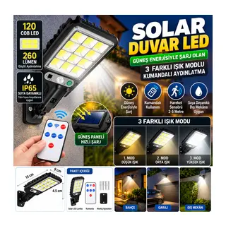 3 Farklı Işık Modlu Güneş Enerjisiyle Şarj Olan Dış Mekan Uyumlu Kumandalı Solar Duvar LEDİ