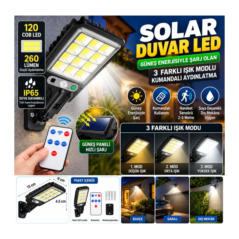 3 Farklı Işık Modlu Güneş Enerjisiyle Şarj Olan Dış Mekan Uyumlu Kumandalı Solar Duvar LEDİ