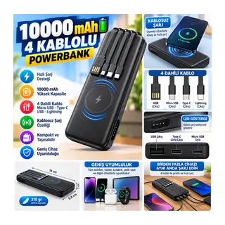 10000 mAh Micro Type-C USB Lightning 4 Kablolu Hızlı Kablosuz Şarj Powerbank