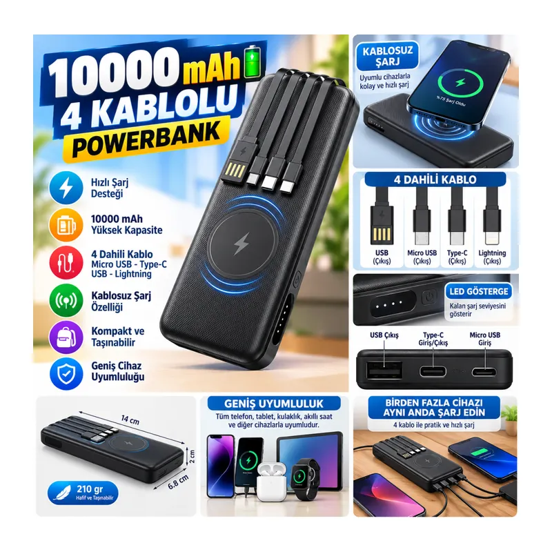 10000 mAh Micro Type-C USB Lightning 4 Kablolu Hızlı Kablosuz Şarj Powerbank