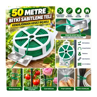 50 Metre Kendiliğinden Kesici Bıçaklı Bitki Saksı Kablo Sabitleme Teli
