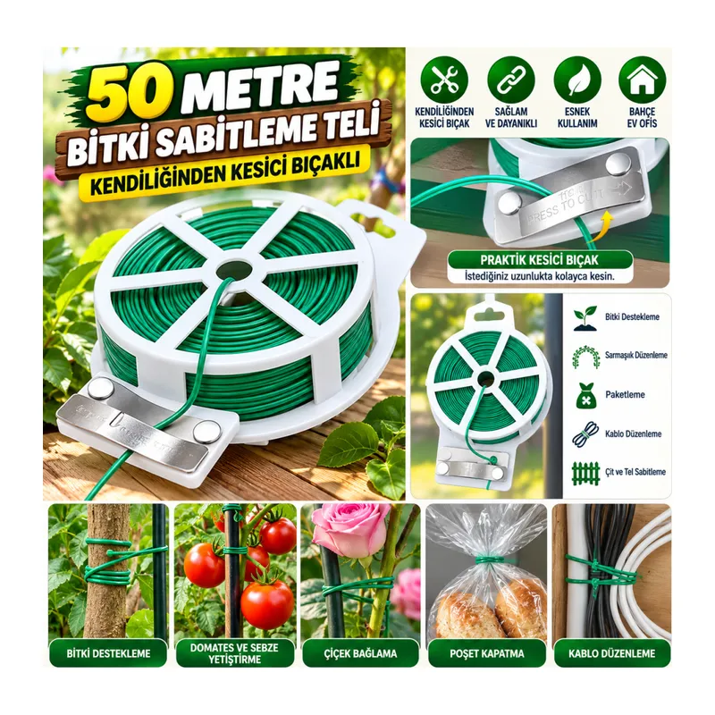 50 Metre Kendiliğinden Kesici Bıçaklı Bitki Saksı Kablo Sabitleme Teli