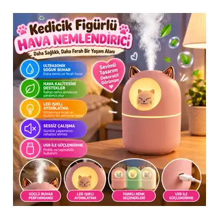 Kedicik Figürlü Hava Nemlendirici – Ultrasonik Soğuk Buhar Makinesi, LED Işıklı Masaüstü Oda Nemlendirici