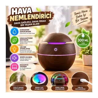 Küre Model Akasya Renk Hava Nemlendirici – Ultrasonik Soğuk Buhar Makinesi, LED Işıklı Masaüstü Oda Nemlendirici