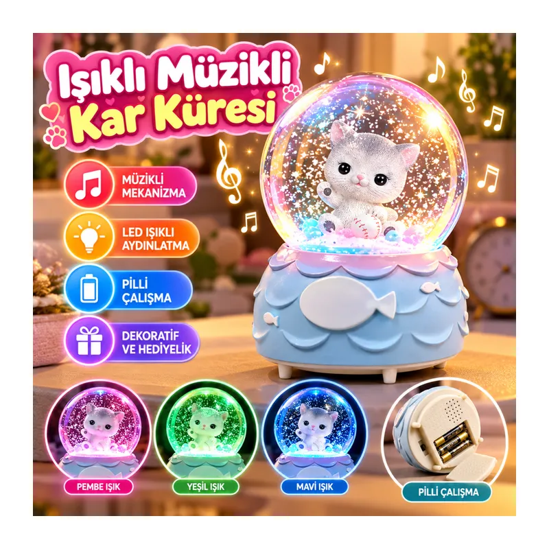 Pilli Işıklı Müzikli Kar Küresi–Şanslı Toplu Kedi Figürlü Eğlenceli Masaüstü Biblo, LED Aydınlatmalı Dekoratif Hediyelik Kar Küresi