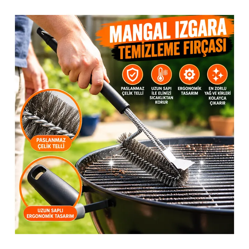 Mangal Izgara Temizleme Fırçası – Paslanmaz Çelik Telli, Uzun Saplı Grill Temizlik Aparatı Mangal Temizlik Fırçası