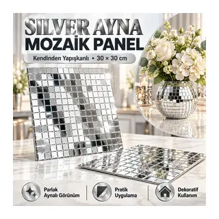 Kare Silver Cam Mozaik Fayans Çıkartmaları El İşi Kare Cam Fayans Kendinden Yapışkanlı Aynalı Dekor Panel 30x30 Cm