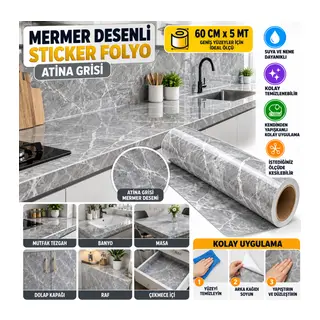 Mermer Desenli Sticker Folyo Atina Grisi 60CM*5MT