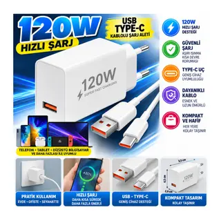 120W USB Hızlı Type C Uçlu Kablolu Şarj Aleti