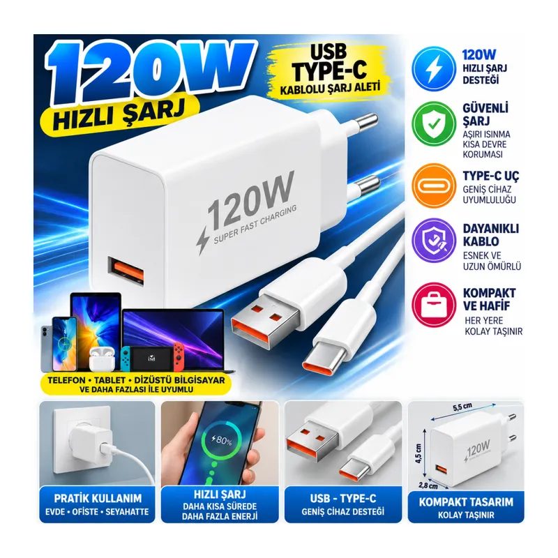 120W USB Hızlı Type C Uçlu Kablolu Şarj Aleti
