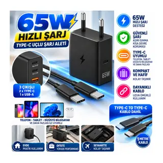 65W Hızlı Şarj Edebilen TYPE C uçlu Şarj Aleti