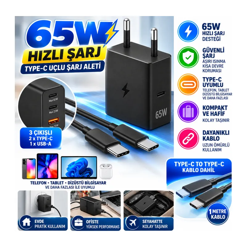 65W Hızlı Şarj Edebilen TYPE C uçlu Şarj Aleti