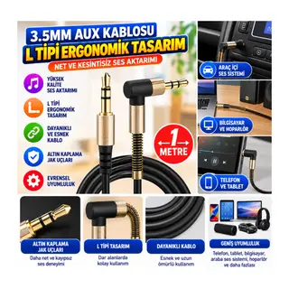 3.5mm AUX Kablosu Jak Erkek Erkek L Tipi 1 Metre Ses Aktarım Kablosu