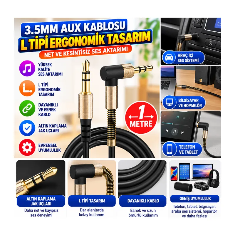 3.5mm AUX Kablosu Jak Erkek Erkek L Tipi 1 Metre Ses Aktarım Kablosu
