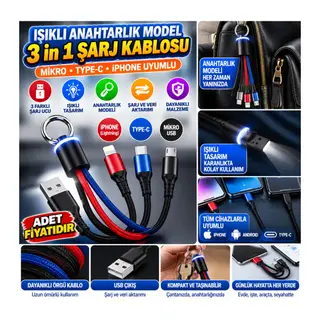 Işıklı Anahtarlık Model 3 in 1 USB Çıkışlı MİKRO,TYPE-C ve İphone Uyumlu Şarj Kablosu