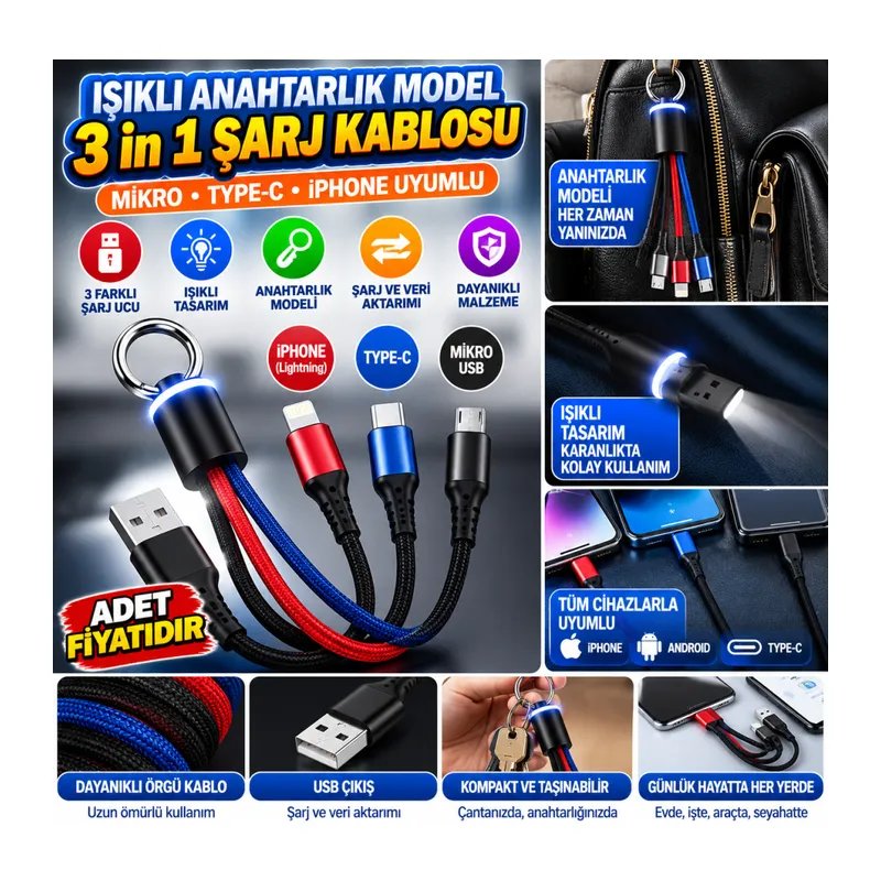 Işıklı Anahtarlık Model 3 in 1 USB Çıkışlı MİKRO,TYPE-C ve İphone Uyumlu Şarj Kablosu