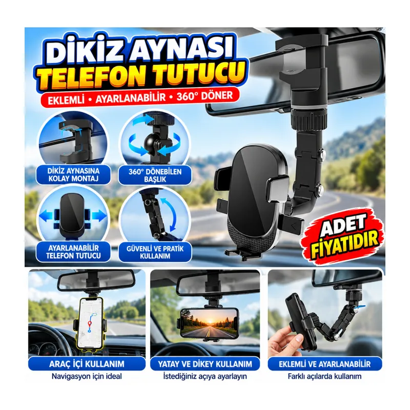 Dikiz Aynasına Takılabilen Eklemli Telefon Tutucu Aparat