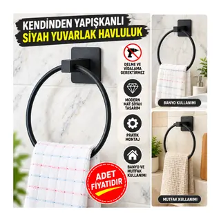 Kendiliğinden Yapışkanlı Siyah Paslanmaz Metal Yuvarlak Havluluk (adet fiyatıdır)