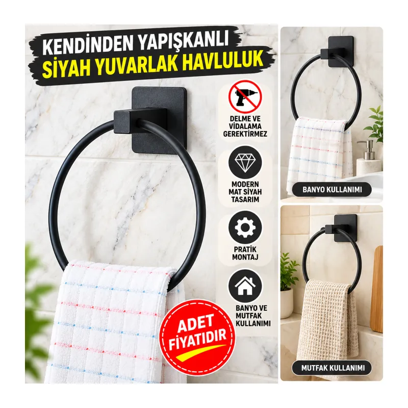 Kendiliğinden Yapışkanlı Siyah Paslanmaz Metal Yuvarlak Havluluk (adet fiyatıdır)