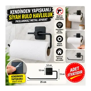 Kendiliğinden Yapışkanlı Siyah Paslanmaz Metal Rulo Havluluk Aparat (adet fiyatıdır)